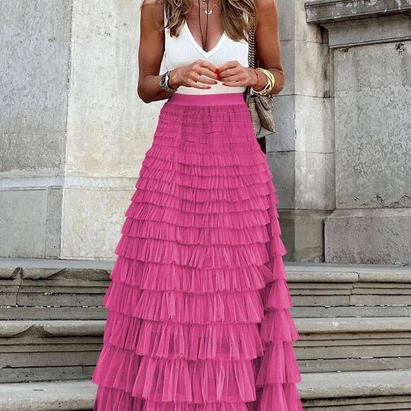 Women's Long Maxi Tulle Skirts A Line Ruffle High Waisted Tiered Layered Mesh Tu - Picture 5 of 7